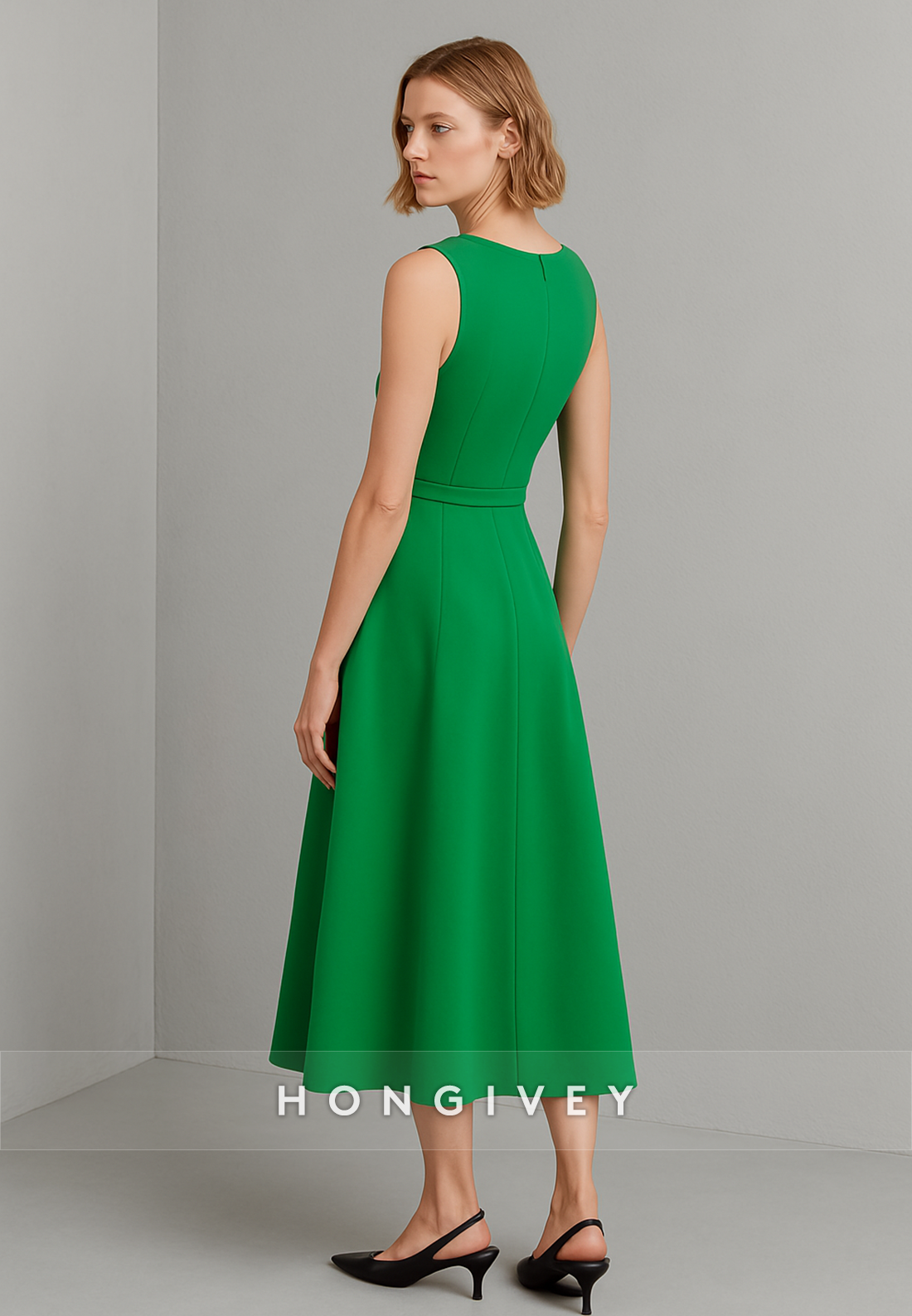 Sleeveless A-Line Tea-Length Bateau Neck Evening Gowns with Waistband