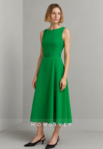 Sleeveless A-Line Tea-Length Bateau Neck Evening Gowns with Waistband