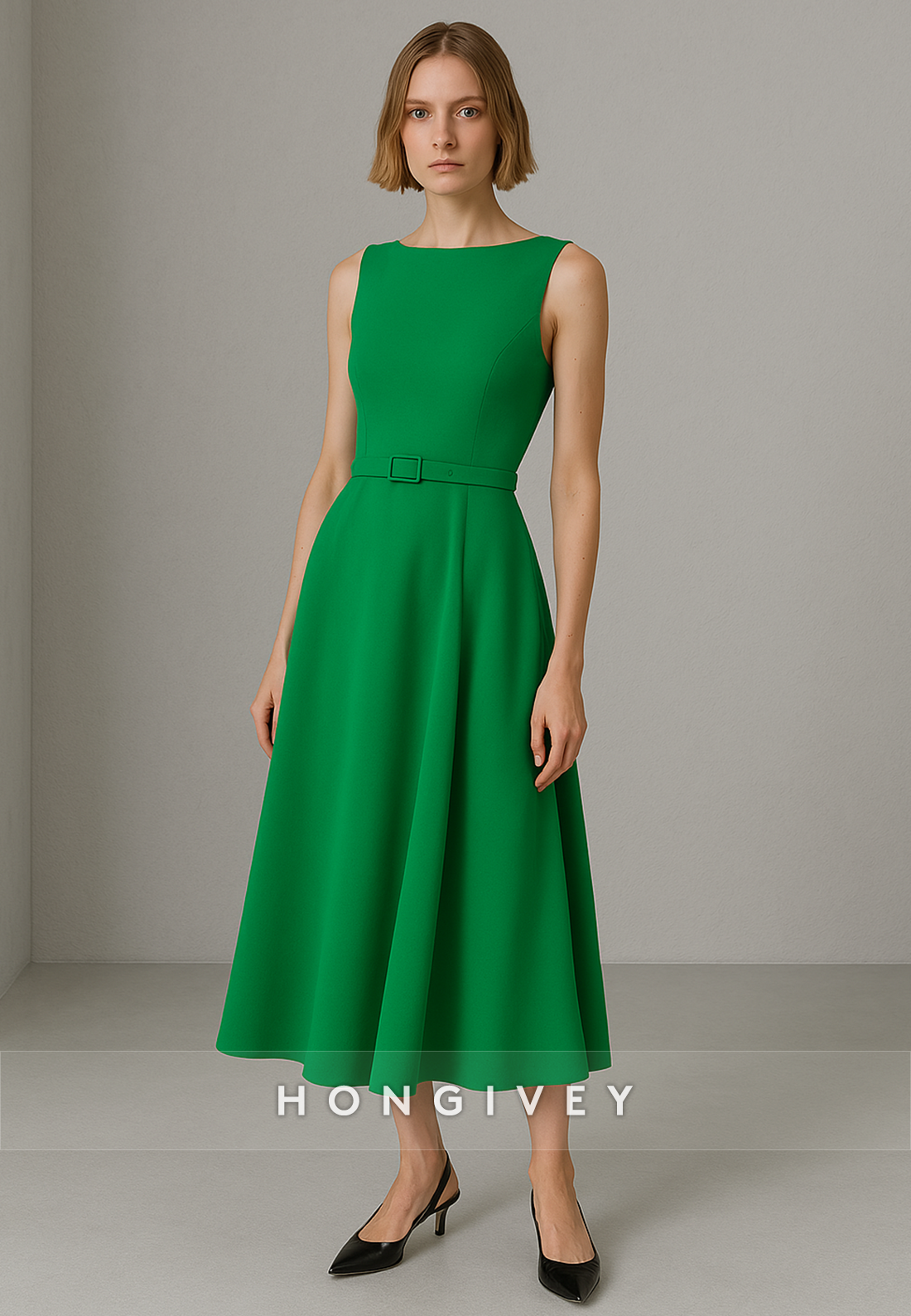 Sleeveless A-Line Tea-Length Bateau Neck Evening Gowns with Waistband