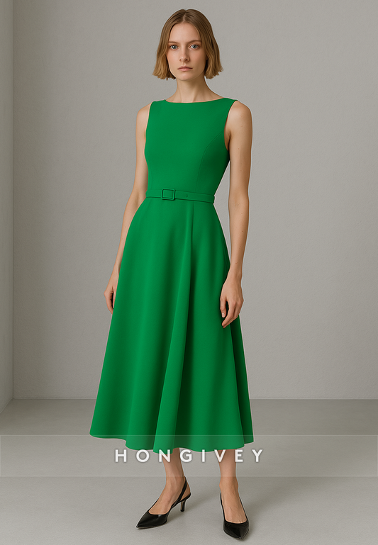 Sleeveless A-Line Tea-Length Bateau Neck Evening Gowns with Waistband