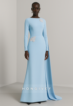Long Sleeves Side Draping Light Blue Trumpet Evening Gowns with Appliques