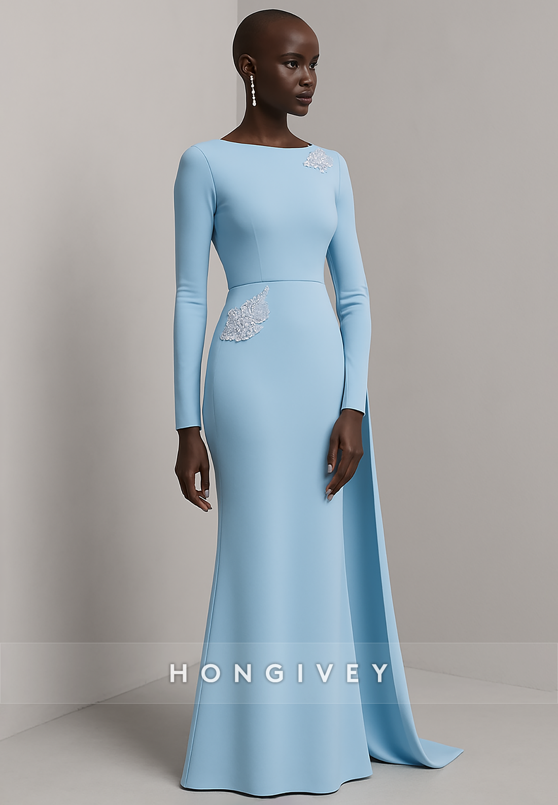 Long Sleeves Side Draping Light Blue Trumpet Evening Gowns with Appliques