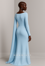 Long Sleeves Side Draping Light Blue Trumpet Evening Gowns with Appliques