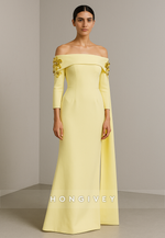 Elegant Yellow Off the Shoulder 3/4 Sleeve Floor-Length Evening Gowns with Appliques