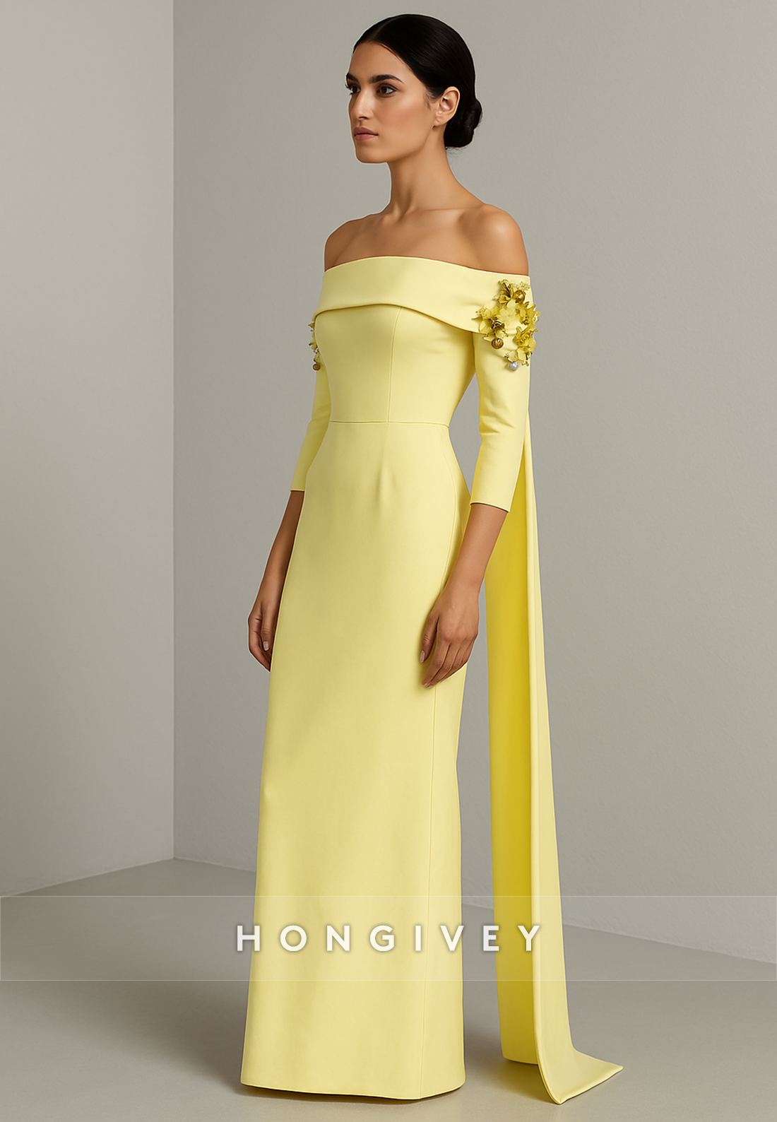 Elegant Yellow Off the Shoulder 3/4 Sleeve Floor-Length Evening Gowns with Appliques