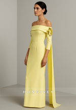 Elegant Yellow Off the Shoulder 3/4 Sleeve Floor-Length Evening Gowns with Appliques
