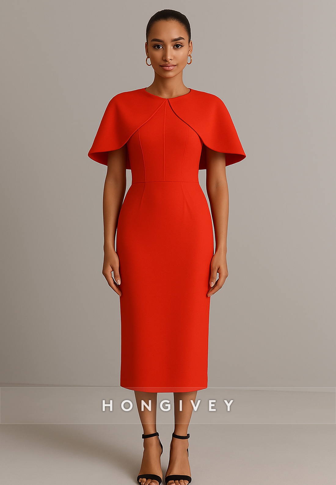 Elegant Shawl Red V-Neck Scoop Column Tea-Length Evening Gowns