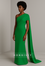 Emerald Side Draping Floor-Length One Shoulder Column Evening Gowns