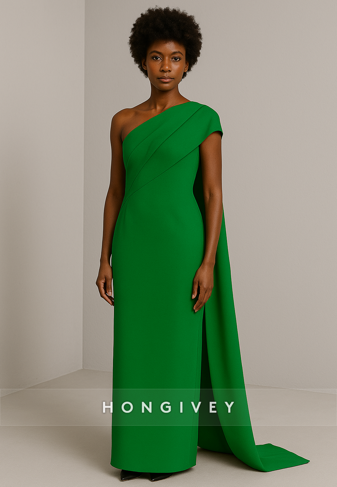 Emerald Side Draping Floor-Length One Shoulder Column Evening Gowns