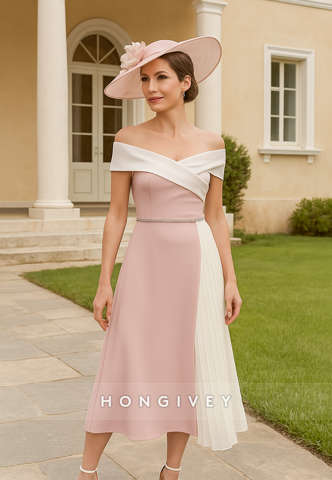 Off the Shoulder Pleated A-Line Mother of the Bride Dress with Ruffles