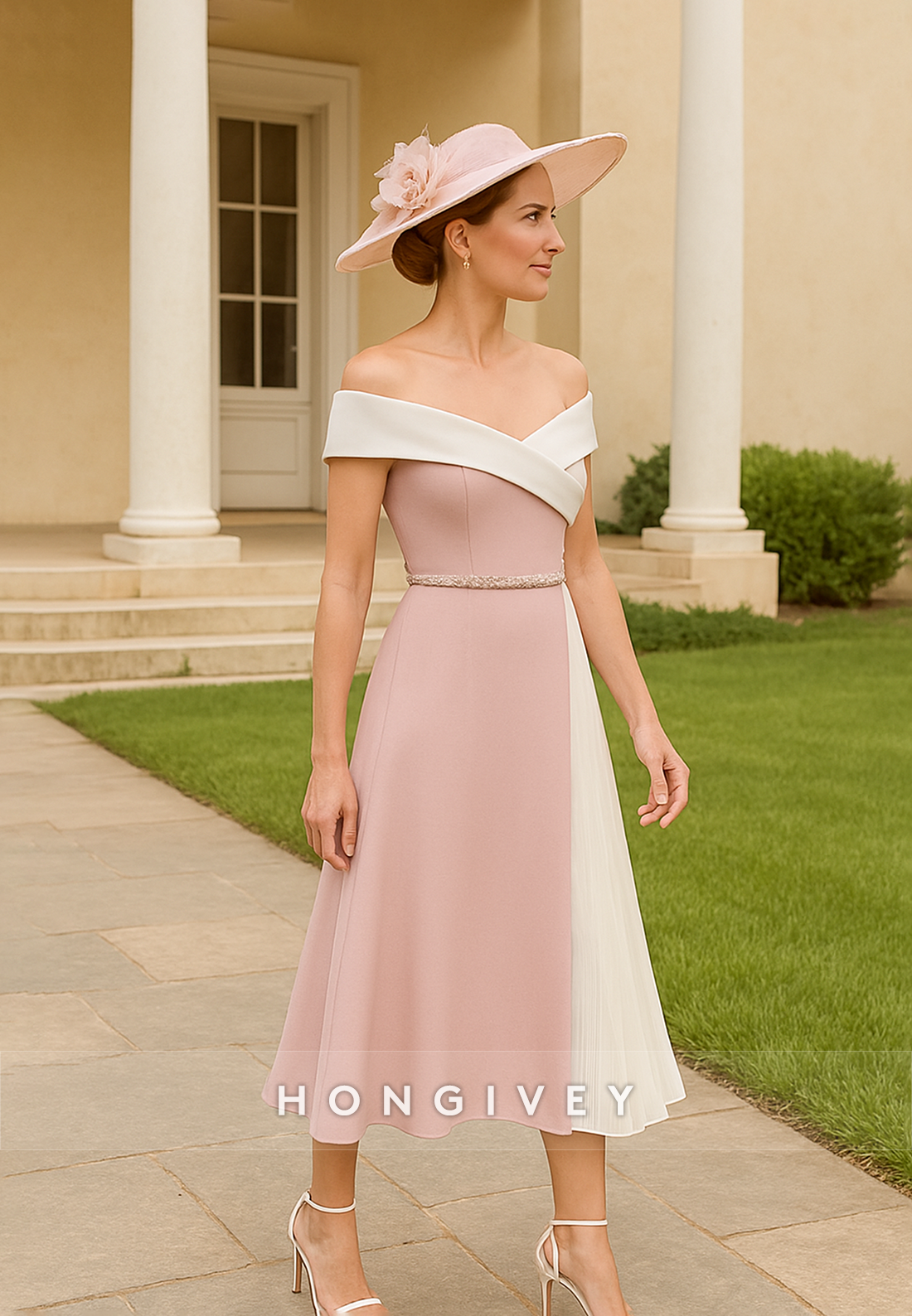 Off the Shoulder Pleated A-Line Mother of the Bride Dress with Ruffles