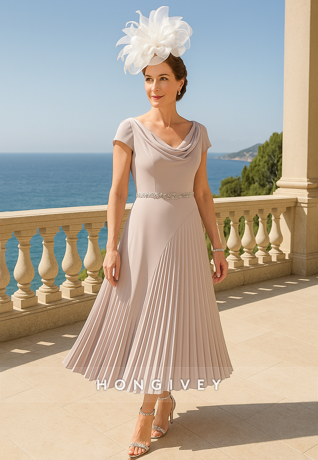 Cowl Neck A-Line Cap Sleeves Tea-Length Mother of the Bride Dress with Ruffles