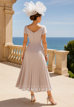 Cowl Neck A-Line Cap Sleeves Tea-Length Mother of the Bride Dress with Ruffles