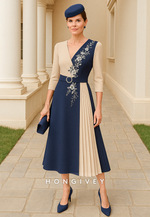 A-Line 3/4 Sleeve Tea-Length Mother of the Bride Dress with Waistband and Ruffles