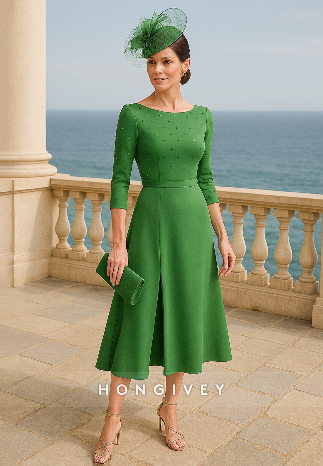 A-Line 3/4 Sleeve Tea-Length Mother of the Bride Dress with Side Slit