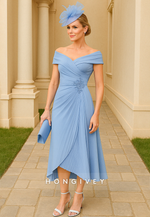 Sky Blue Off the Shoulder Pleated Tea-Length A-Line Mother of the Bride Dress