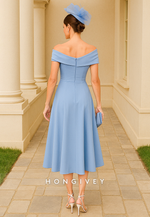 Sky Blue Off the Shoulder Pleated Tea-Length A-Line Mother of the Bride Dress