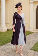 V-Neck 3/4 Sleeve A-Line Tea-Length Mother of the Bride Dress with Ruffles