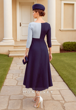 V-Neck 3/4 Sleeve A-Line Tea-Length Mother of the Bride Dress with Ruffles