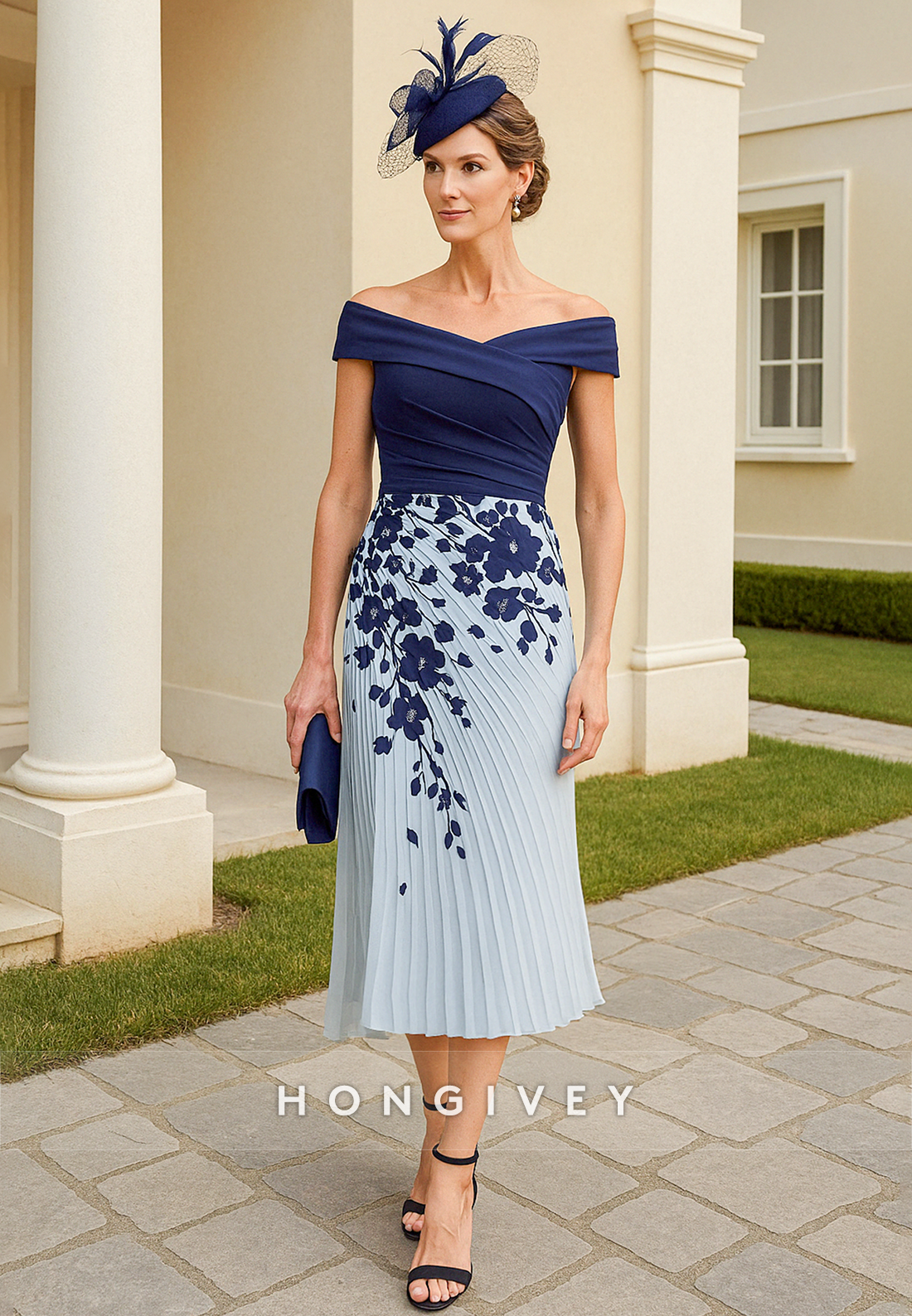 Off the Shoulder Floral Print Tea-Length Column Cocktail Dresses with Ruffles