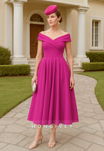 Fuchsia Off the Shoulder Pleated Tea-Length A-Line Cocktail Dresses