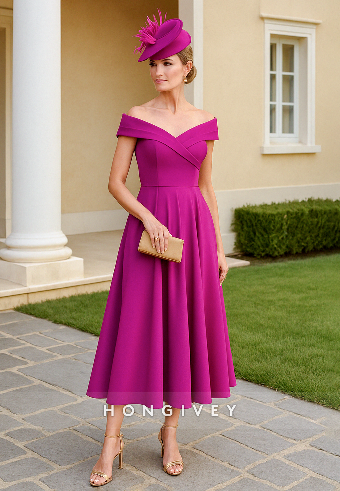 Fuchsia Off the Shoulder Pleated Tea-Length A-Line Cocktail Dresses