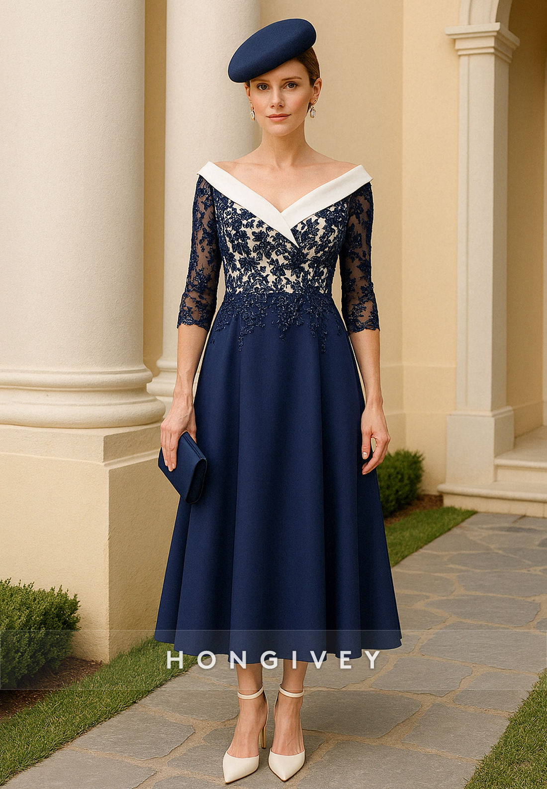 Navy Blue V-Neck A-Line Lace Tea-Length V Back Mother of the Bride Dress