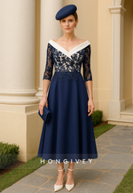 Navy Blue V-Neck A-Line Lace Tea-Length V Back Mother of the Bride Dress