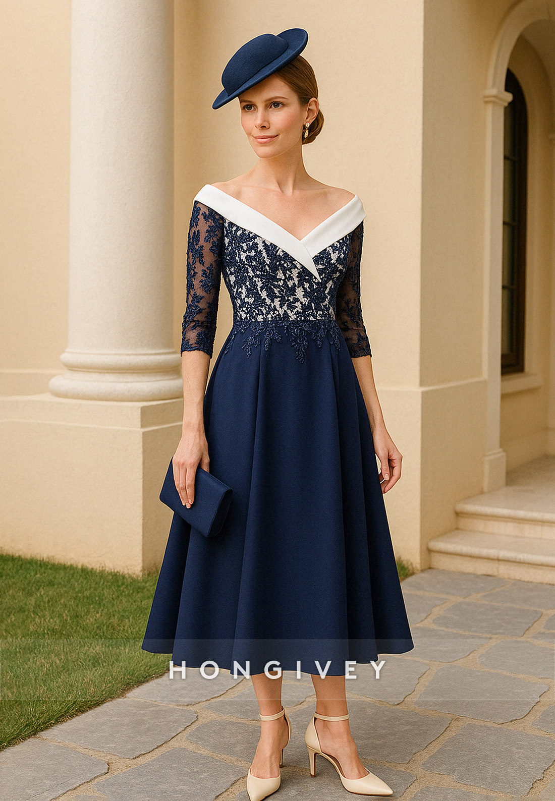 Navy Blue V-Neck A-Line Lace Tea-Length V Back Mother of the Bride Dress