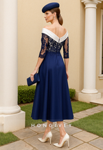 Navy Blue V-Neck A-Line Lace Tea-Length V Back Mother of the Bride Dress