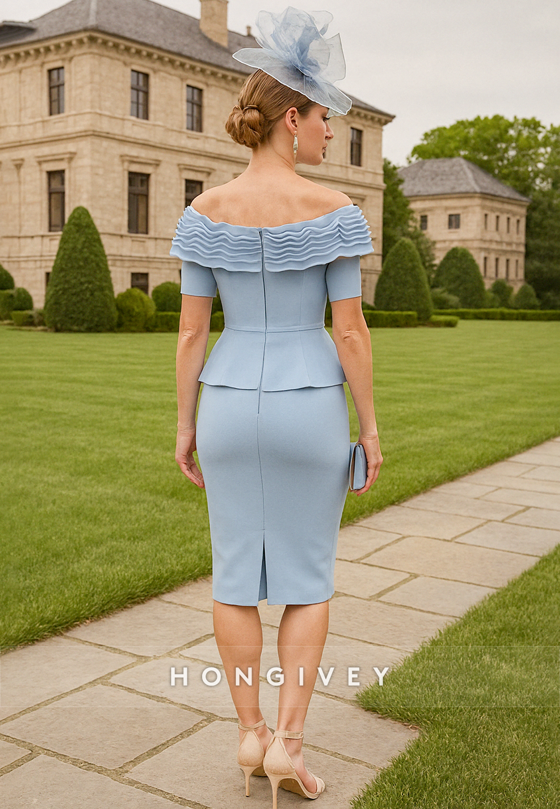 Sky Blue Off the Shoulder Sheath Cocktail Dress Knee-Length Pleated Mother of the Bride Dress