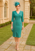 3/4 Sleeve Green Mother of the Bride Dress V-Neck Side Draping Knee-Length Cocktail Dresses