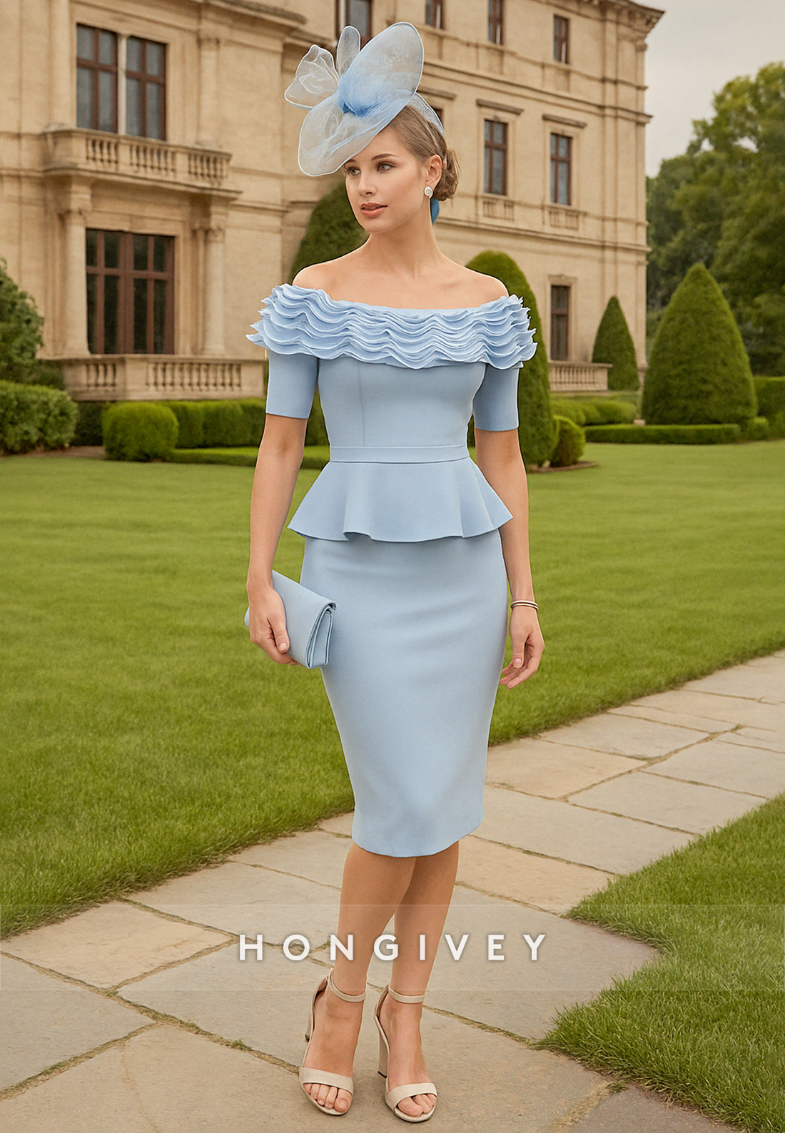 Sky Blue Off the Shoulder Sheath Cocktail Dress Knee-Length Pleated Mother of the Bride Dress