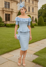 Sky Blue Off the Shoulder Sheath Cocktail Dress Knee-Length Pleated Mother of the Bride Dress