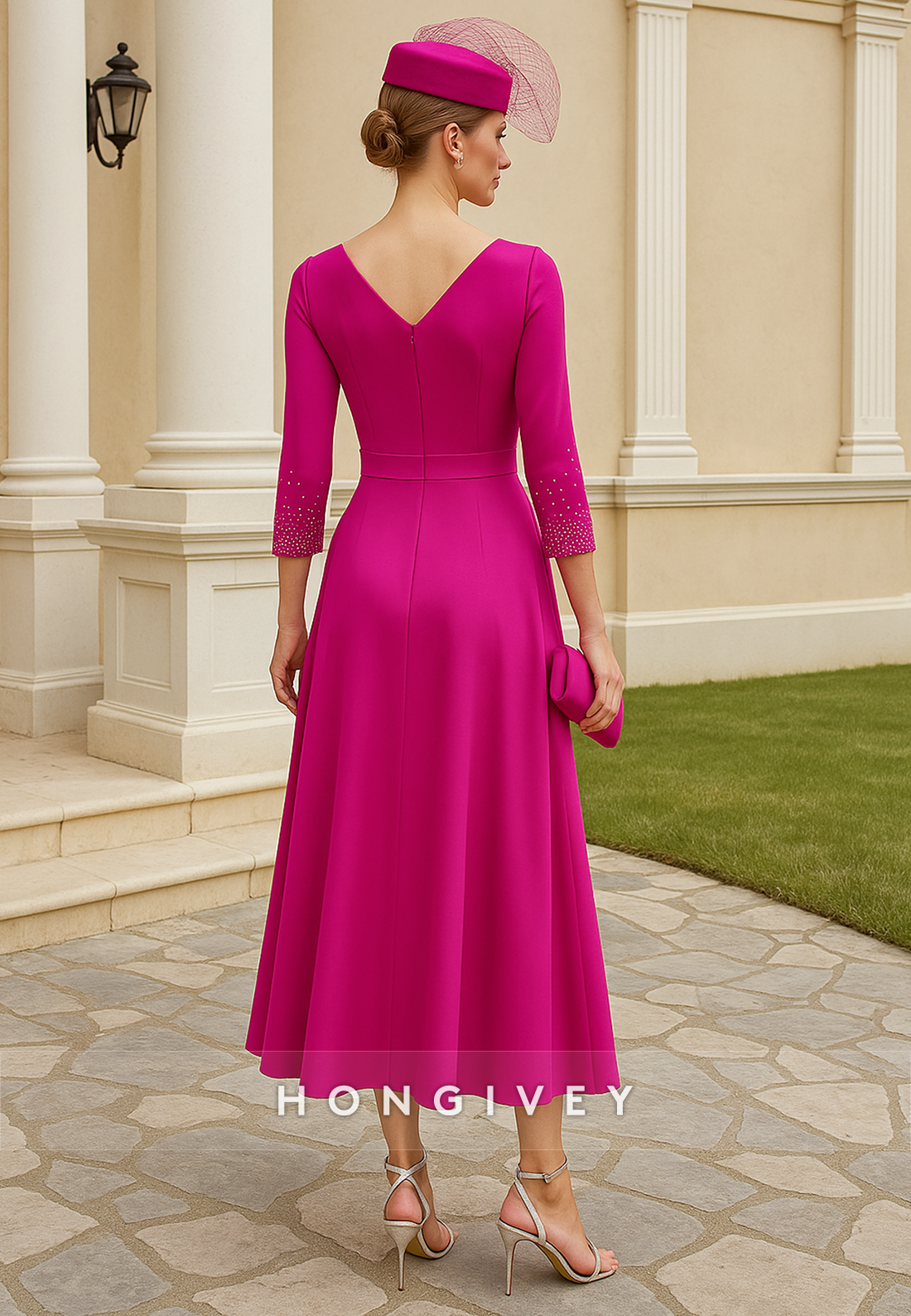 V-Neck Fuchsia 3/4 Sleeve A-Line V Back Pleated Mother of the Bride Dress