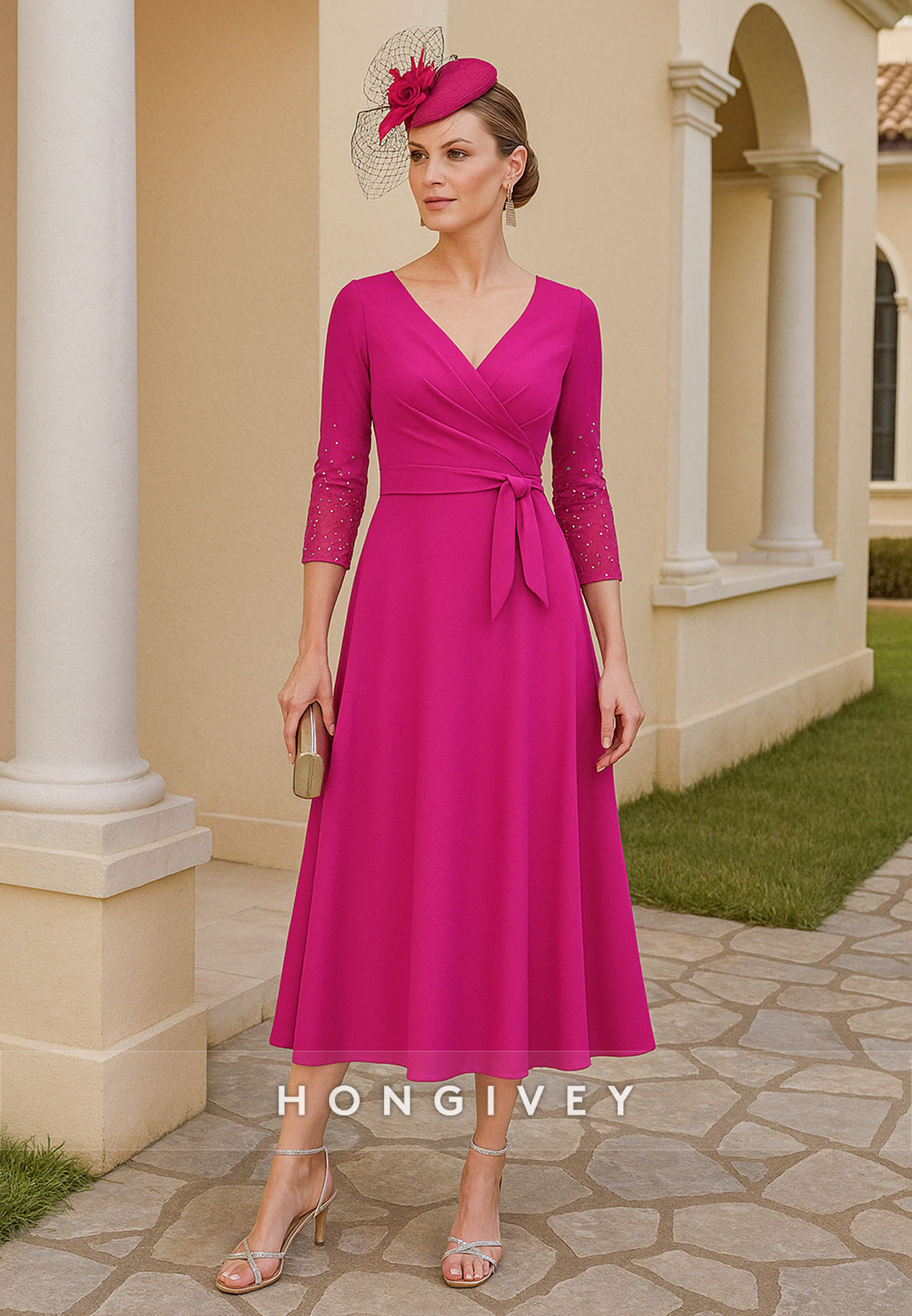 V-Neck Fuchsia 3/4 Sleeve A-Line V Back Pleated Mother of the Bride Dress