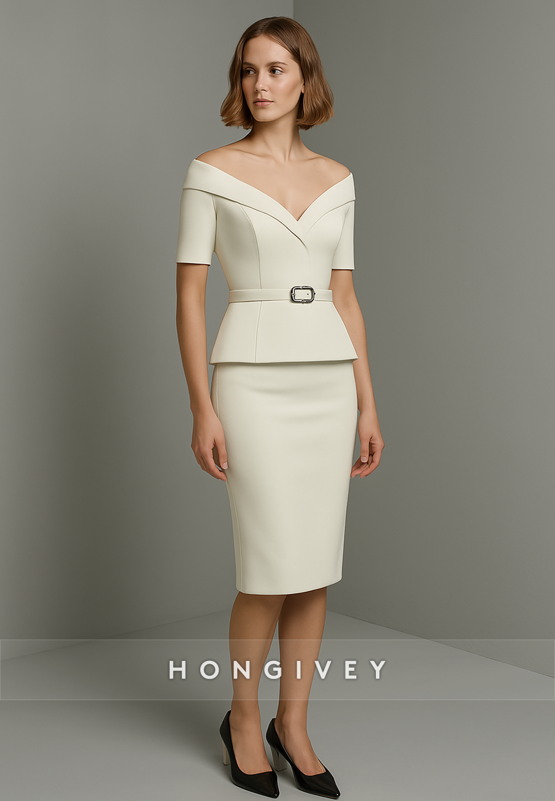 Ivory Off the Shoulder V Back Sheath Knee Length Short Sleeves with Waistband