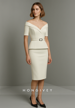 Ivory Off the Shoulder V Back Sheath Knee Length Short Sleeves with Waistband