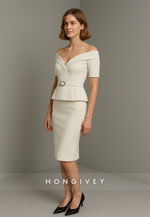 Ivory Off the Shoulder V Back Sheath Knee Length Short Sleeves with Waistband