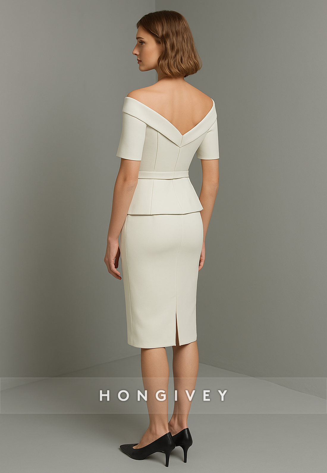 Ivory Off the Shoulder V Back Sheath Knee Length Short Sleeves with Waistband