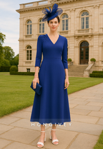Simple Royal Blue V-Neck 3/4 Sleeve A-Line Tea-Length Mother of the Bride Dress