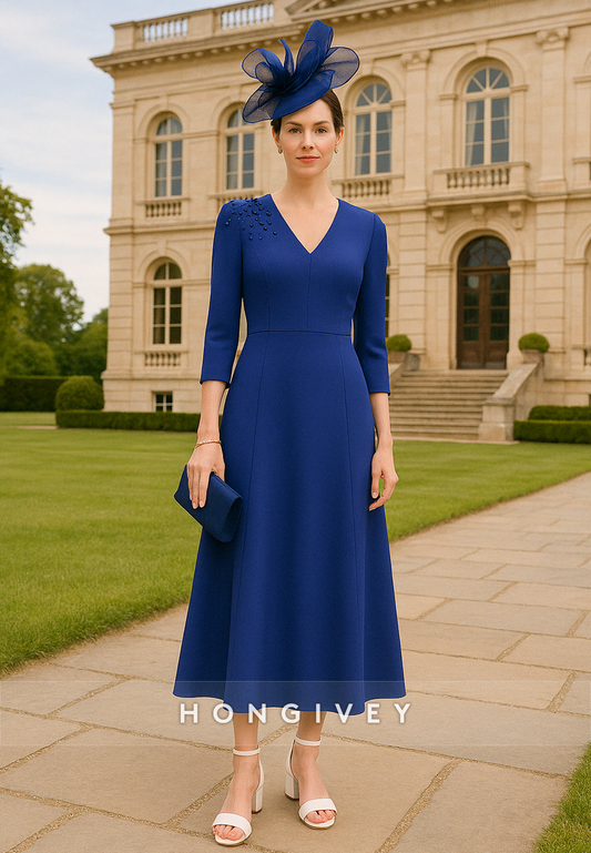 Simple Royal Blue V-Neck 3/4 Sleeve A-Line Tea-Length Mother of the Bride Dress