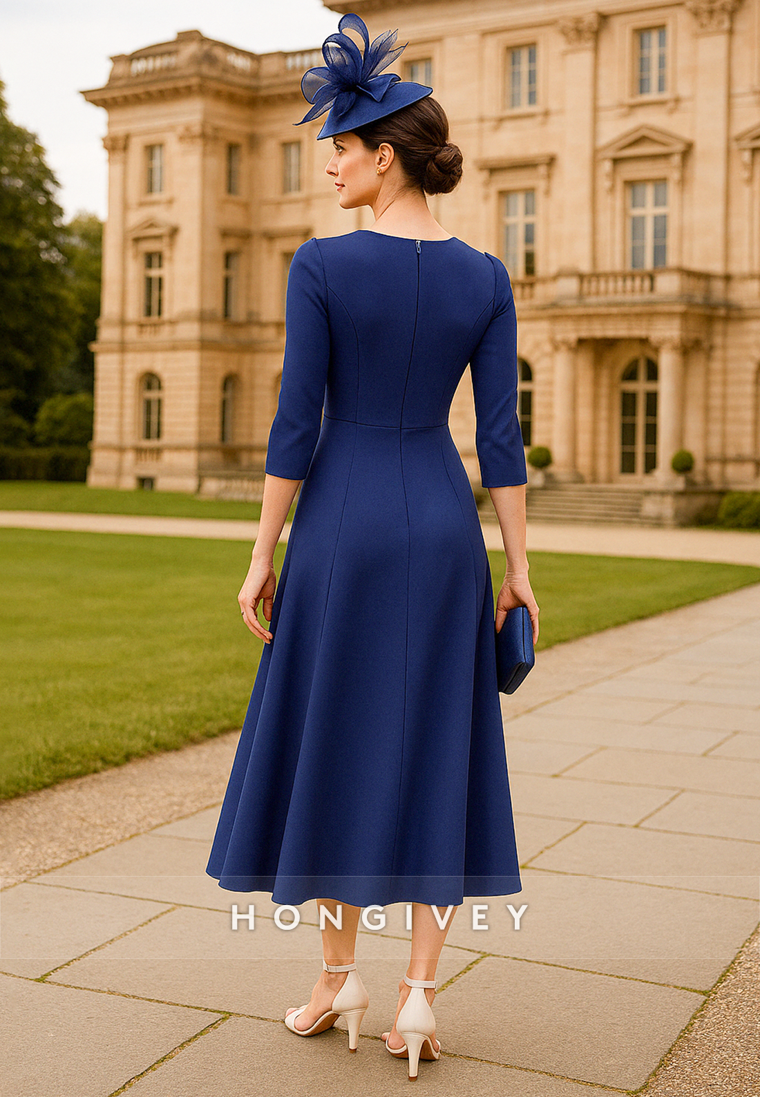 Simple Royal Blue V-Neck 3/4 Sleeve A-Line Tea-Length Mother of the Bride Dress