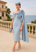 Side Draping Sheath Cocktail Dresses One Shoulder Tea-Length Mother of the Bride Dress with 3D Flowers