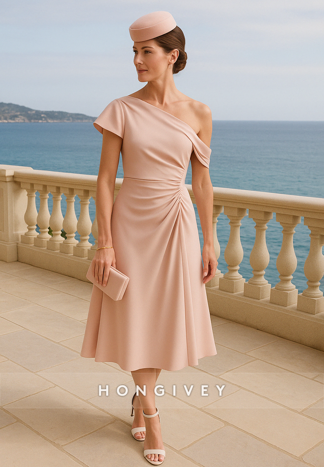 Blush One Shoulder A-Line Tea-Length Pleated Mother of the Bride Dress
