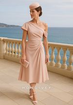 Blush One Shoulder A-Line Tea-Length Pleated Mother of the Bride Dress