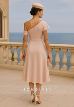 Blush One Shoulder A-Line Tea-Length Pleated Mother of the Bride Dress