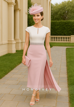 Cap Sleeves Tea-Length Side Draping Mermaid Cocktail Dresses with Keyhole