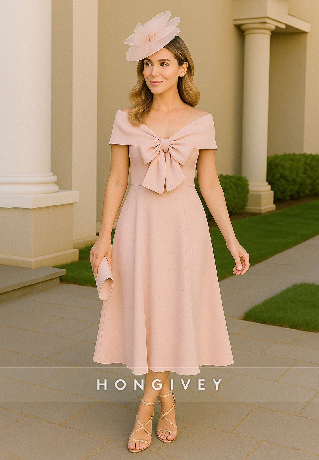 Off the Shoulder A-Line V-Neck Tea-Length Mother of the Bride Dress with Bowknot
