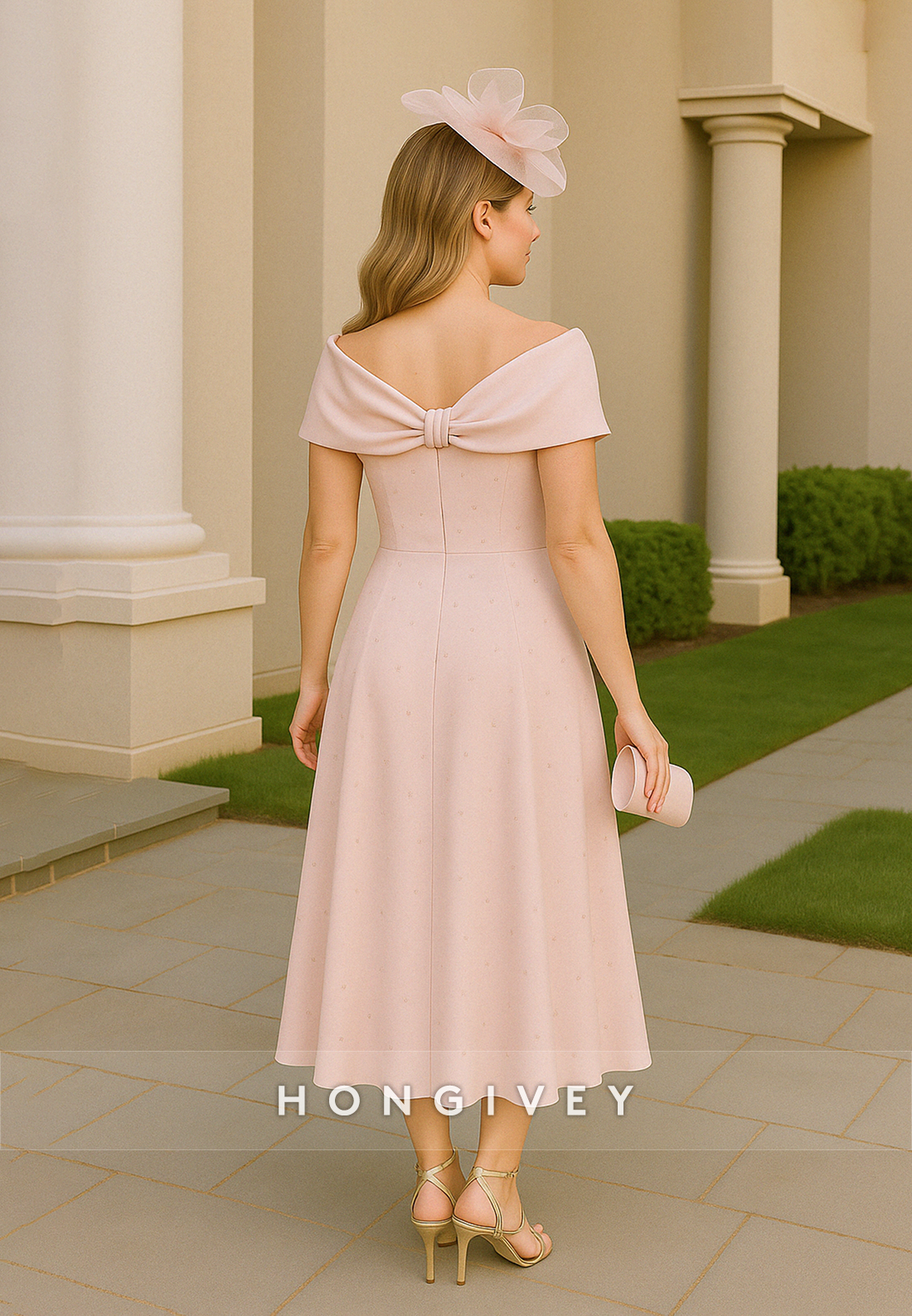 Off the Shoulder A-Line V-Neck Tea-Length Mother of the Bride Dress with Bowknot
